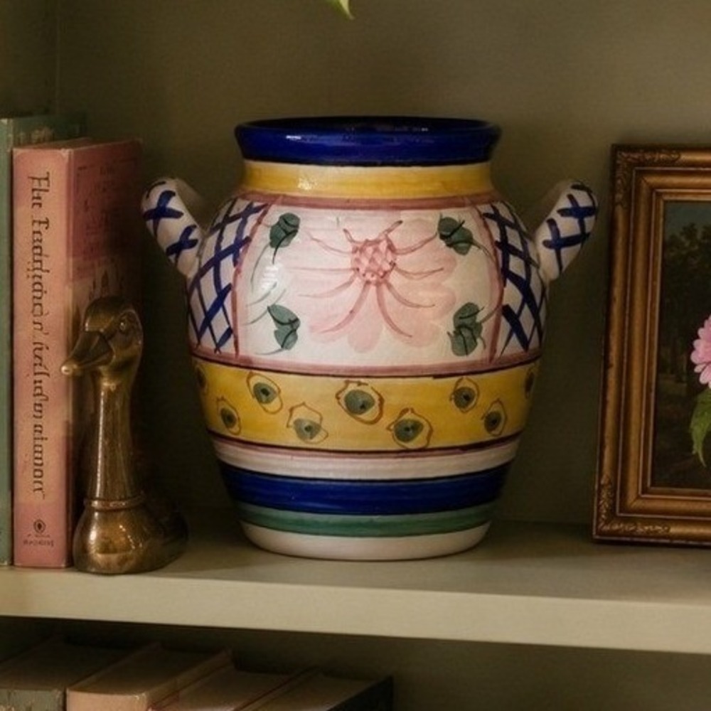 Bella Casa  6 1/4" Ceramic Vase Hand Painted Floral Urn Italian Summer Decor